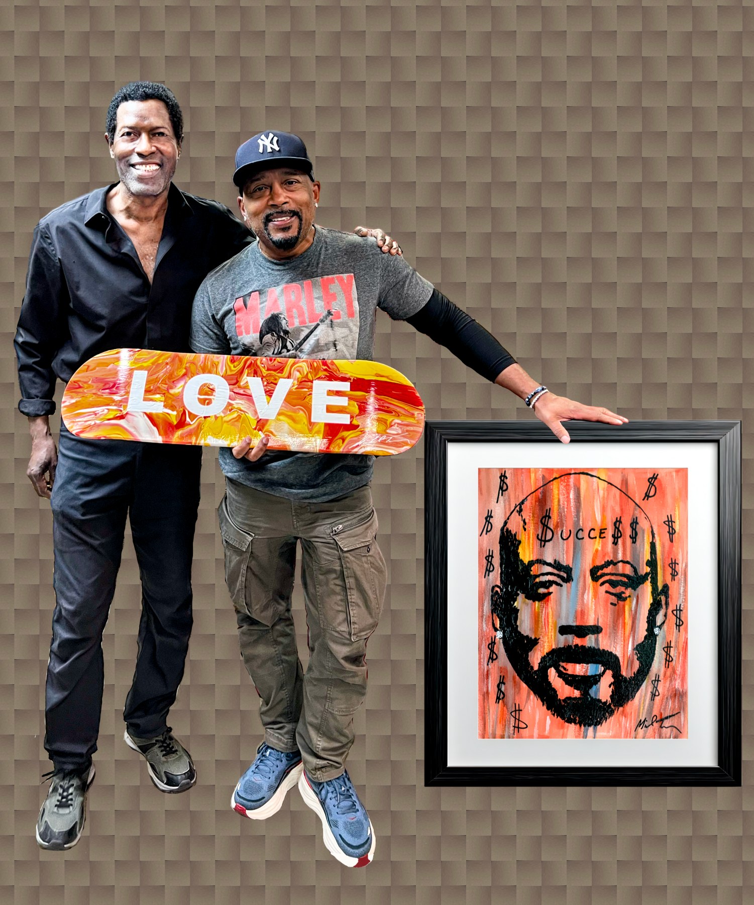 Michael Terry with colorful LOVE skateboard and framed contemporary artwork