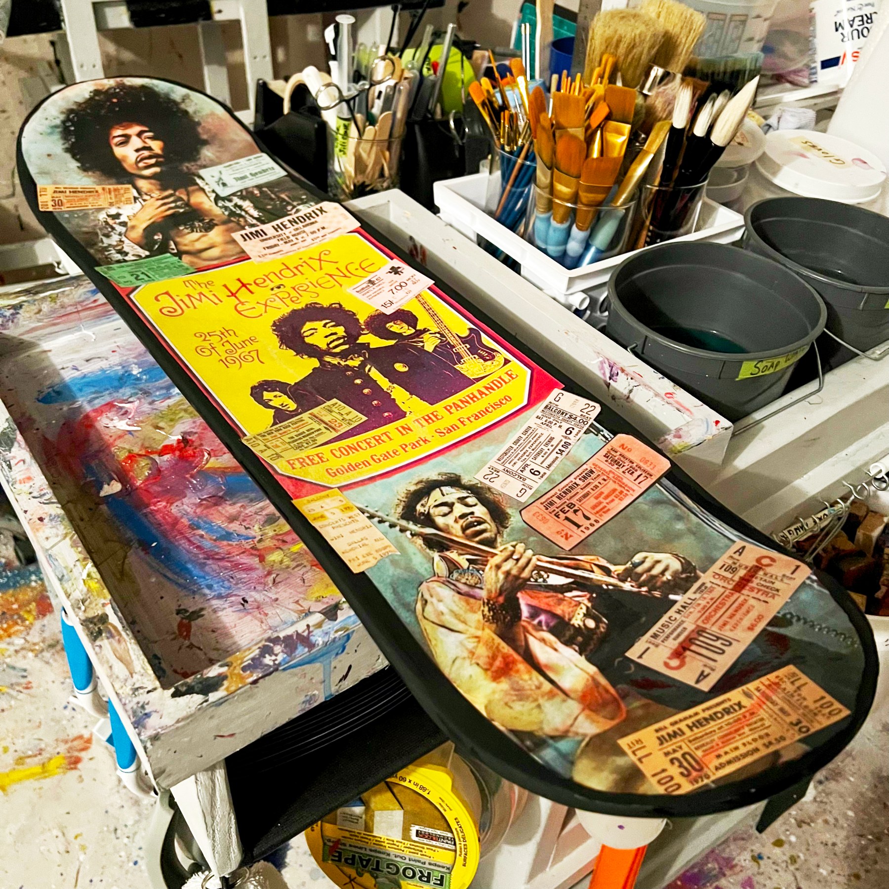 Michael Terry Jimi Hendrix skateboard artwork in the studio