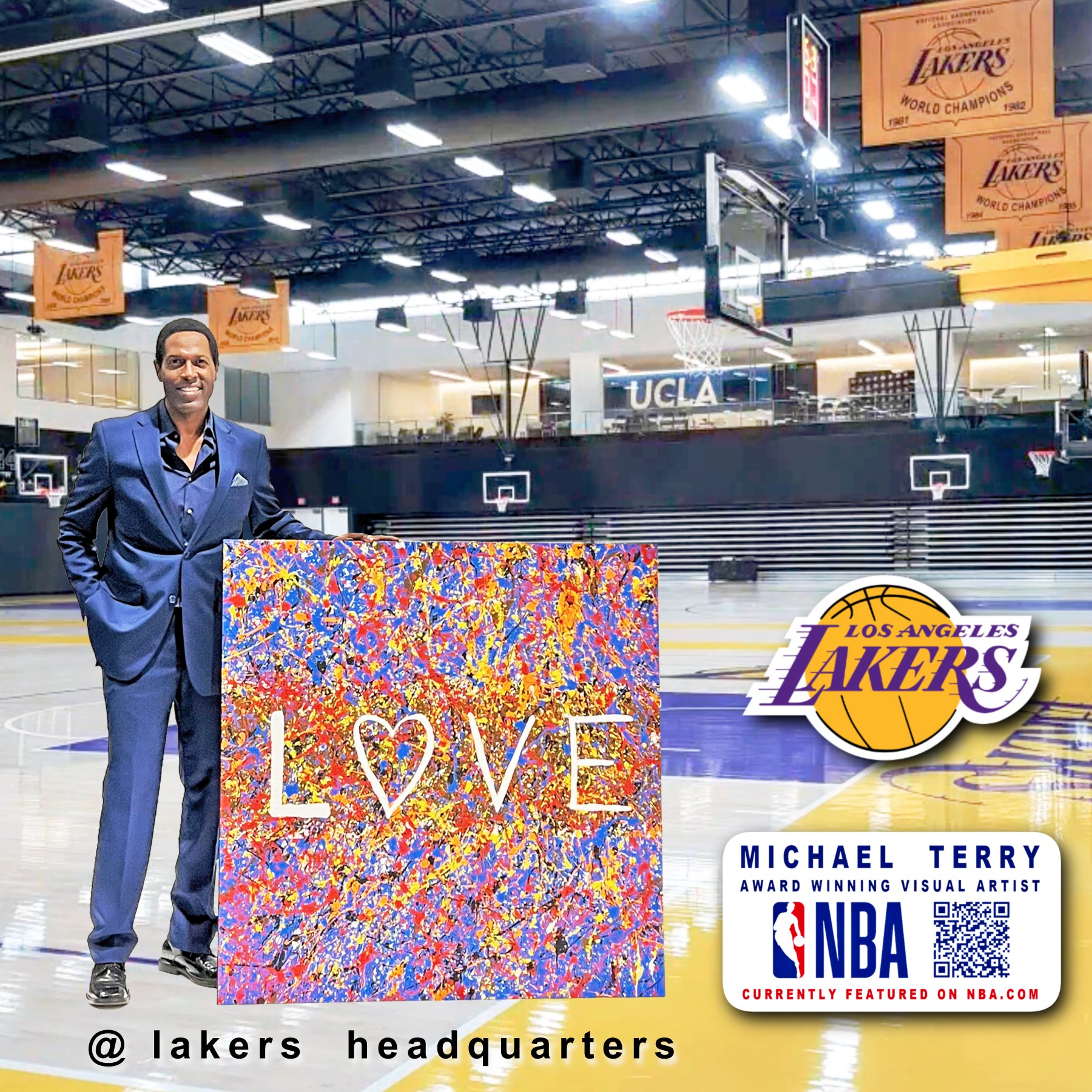 Michael Terry with colorful LOVE painting at Lakers headquarters