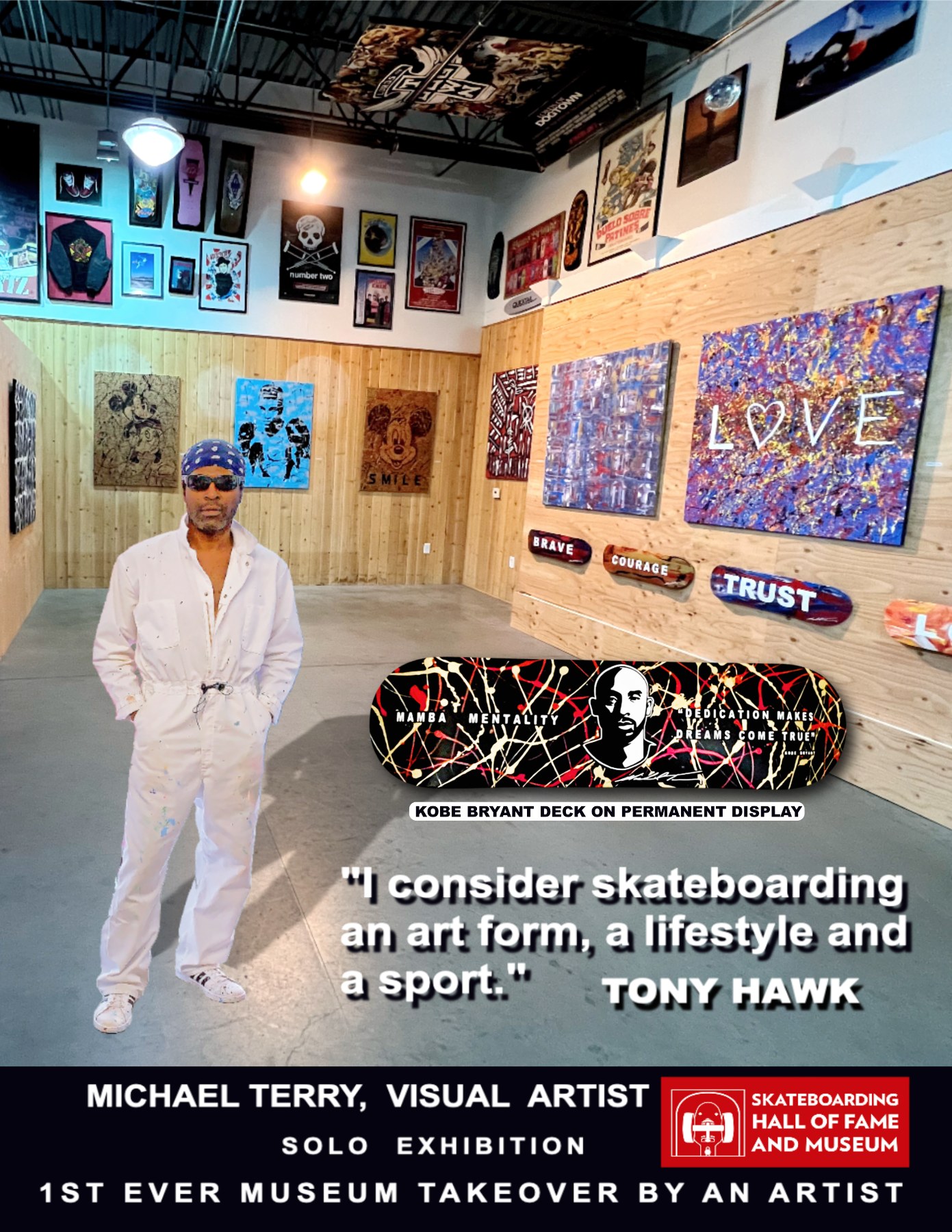Michael Terry contemporary art exhibition with colorful paintings and skateboard artwork