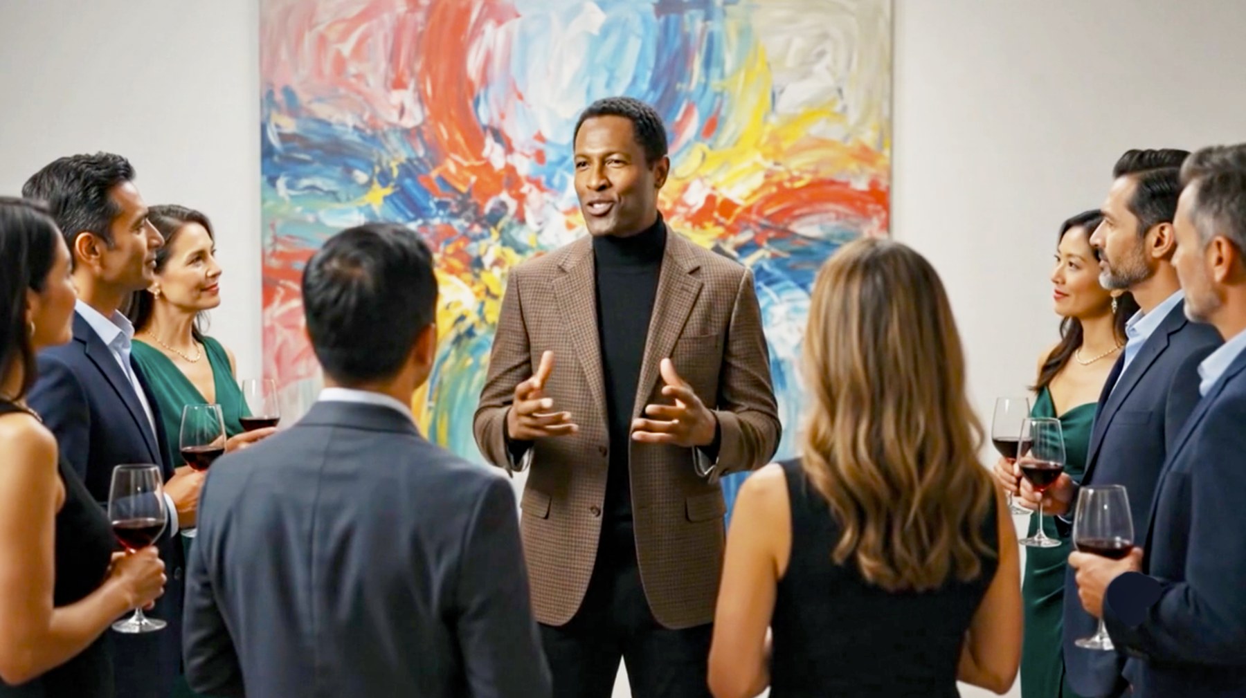 Visual artist Michael Terry speaking in front of colorful abstract fine art
